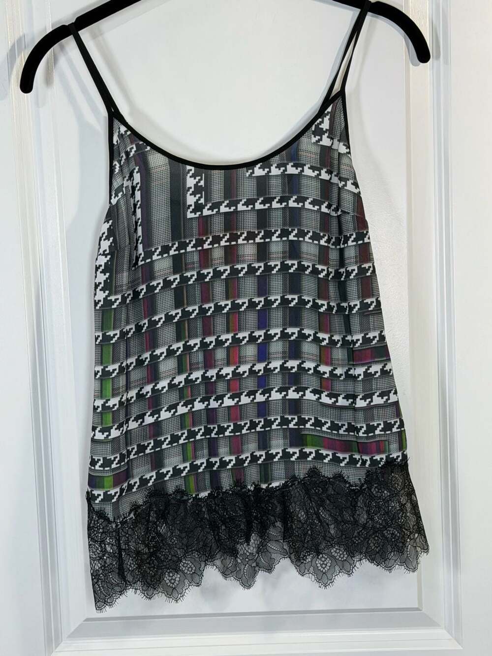 Clover Canyon Digital Houndstooth Plaid Lace Trim Camisole Top Size S